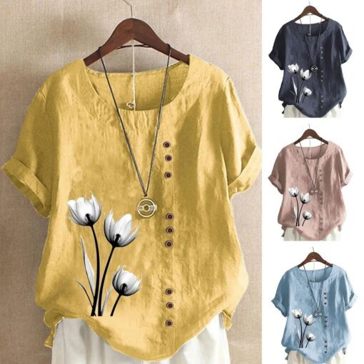 Buy Vintage T-shirt Vintage Style Flower Print Women's Summer T-shirt Short Sleeve Round Neck Pullover with Button Decor Stylish online shopping cheap