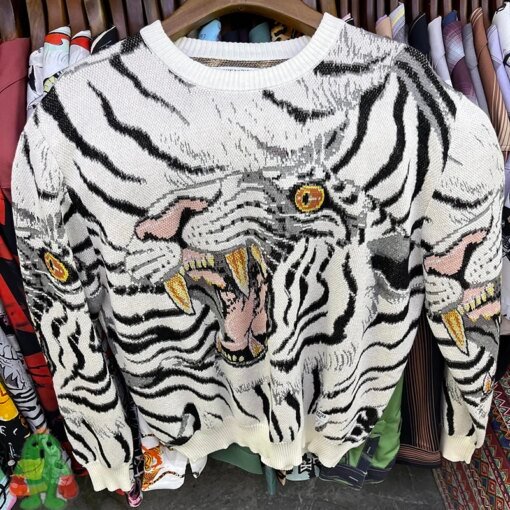 Buy WACKO Sweater High Street Men Women Clothes Full Printed Tiger Round Neck Pullover Oversized Knitted Sweatshirts online shopping cheap