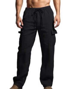 Waist Drawstring Trousers with Pockets Comfortable Men’s Elastic Waist Pants with Patch Pockets Soft Breathable for All-day