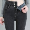 Buy Warm Skinny Jeans Thick Women Stretch Button Pencil Pants Retro Mom Casual Velvet Jeans Thermal Winter Thick Fleece High Waist online shopping cheap
