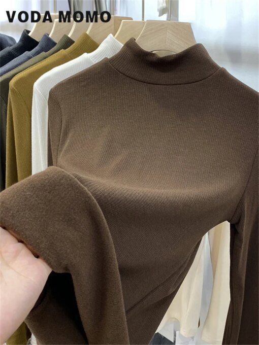 Buy Warm Solid Knitted Pullover Slim Tops Knitwear Jumper New Turtleneck Winter Sweater Women Elegant Thicken Velvet Lined Fashion online shopping cheap