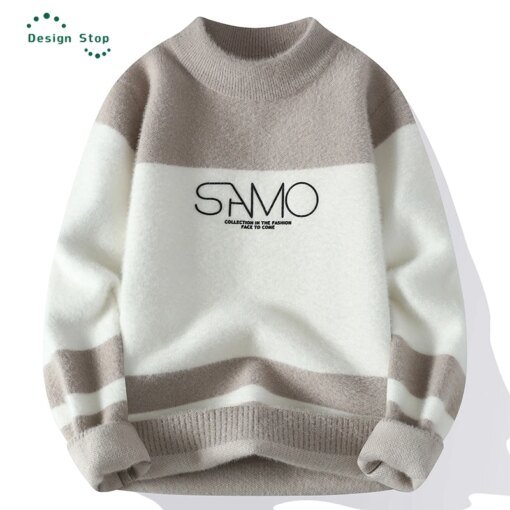 Buy Warm Winter Sweater Half Height Collar Patchwork Slim Fit Sweaters Tops Knitted Jumper online shopping cheap