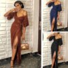 Buy Wedding Party Dresses for Women Clothing V-neck Wrap Chest Slim Bridesmaid Maxi Dress Vestidos Short Sleeve Long Skirt Female online shopping cheap