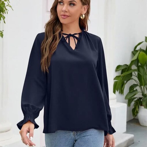 Buy Wedifor Fashion Chiffon Blouse Shirts Autumn Long Sleeve V Neck Elegant Casual Office Work Tops Loose Solid Women Blouses online shopping cheap