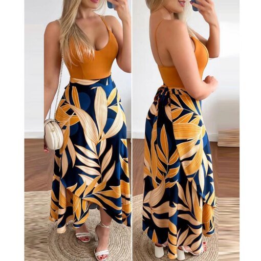 Buy Wepbel Sexy Camis Tops Sets 2 Piece Sets Outfits Summer Beach Wear Dress Sets Women V-neck Sling Vest Tropical Printing Skirt online shopping cheap