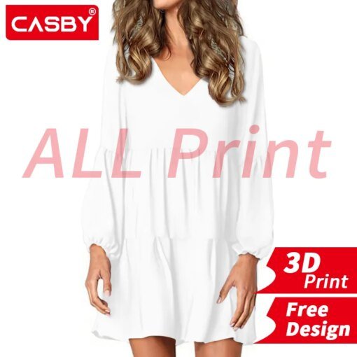 Buy White Shirt Dress Women Long Sleeve Dresses Sexy V-neck Collar Casual 3D Print Custom Logo All Print Design DIY Free Design online shopping cheap