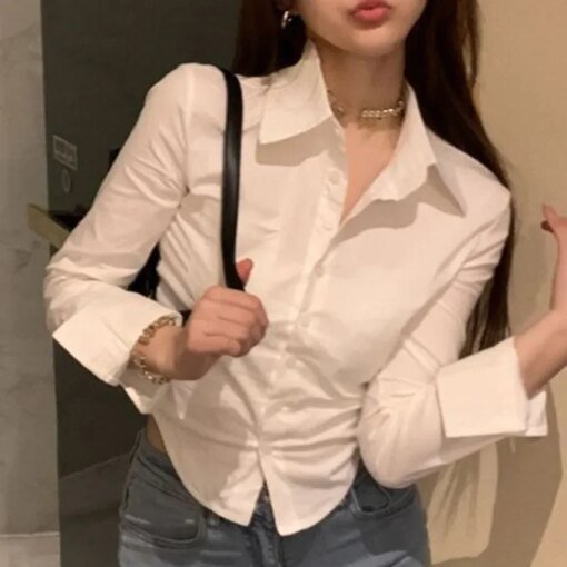 Buy White Shirts Women Korean Style Buttons Folds Slim Fit Crop Tops Female All-Match Daily Design Office Long Sleeve Blouses online shopping cheap