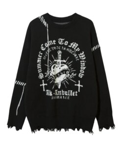 Winter Men’s Pullover High Street Dark Style Sweater Niche Round Neck Color Matching Sweater Casual Neutral Deep Black Knit Top