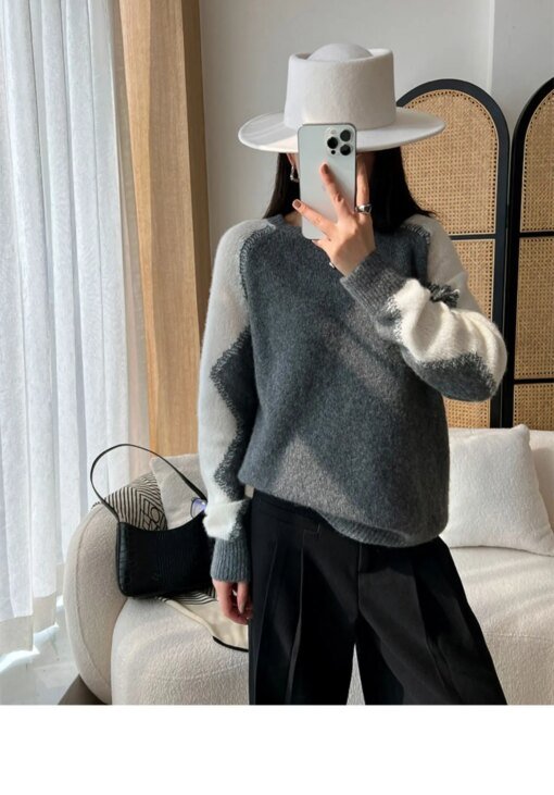 Buy Woman's Sweaters Casual Patchwork Jumper Female Pullover Long Sleeve O-Neck Winter Thick 100% Wool Knitted Loose Large Size Tops online shopping cheap