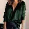 Buy Women 2022 Elegant Satin Solid Long Sleeve Blouses Female Chic Vintage Black Green Casual Loose Fitting Buttons Shirts Tops online shopping cheap