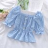 Buy Women 2022 Summer New French Slim Short Sleeve Shirts Female Solid Color Tops Blouses Ladies Square Collar Casual Shirts G200 online shopping cheap