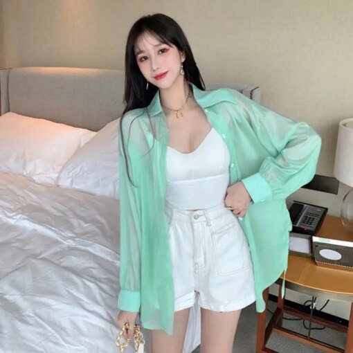 Buy Women 2022 Summer Solid Thin Basic Breathable Shirt Tops Female Long Sleeve Loose Casual Blouses Sun Protection Clothing I34 online shopping cheap
