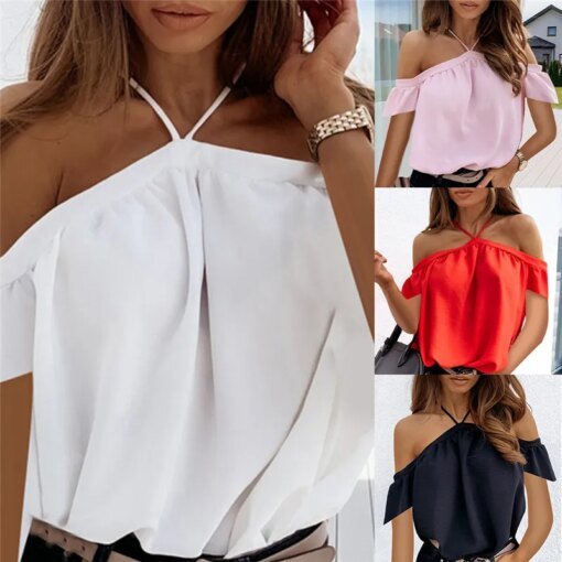 Buy Women 2023 Summer Off Shoulder Halter Blouse Shirts Sexy Backless Solid Color Tops Tees Ladies Elegant Short Sleeve Shirt Blusas online shopping cheap