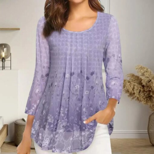 Buy Women Casual O-neck 3/4 Sleeve Tunic Tops Floral Print Double Layers Mesh Yarn Pleated Blouse Slim Fit Tee Tops online shopping cheap