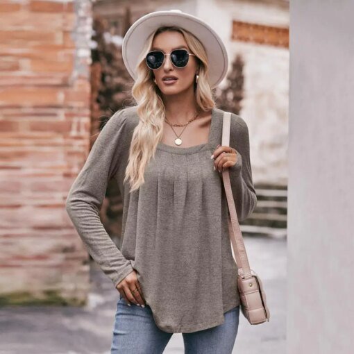 Buy Women Fall T-shirt Square Neck Pleated Flowy Loose Cut Women Top Long Sleeve Solid Color Pullover Casual Lady Spring Top Blouse online shopping cheap