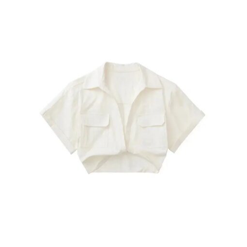 Buy Women Fashion Front Knot Elastic Linen Cropped Shirts Vintage Short Sleeve Patch Pockets Female Blouses Blusa Chic Tops online shopping cheap