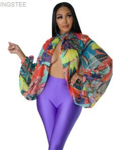 Women Fashion Gradient Printed Batwing Long Sleeve Front Split See Though Loose Sexy Party Club Blouse and Shirt Tops