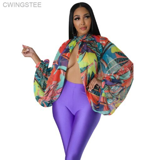 Buy Women Fashion Gradient Printed Batwing Long Sleeve Front Split See Though Loose Sexy Party Club Blouse and Shirt Tops online shopping cheap