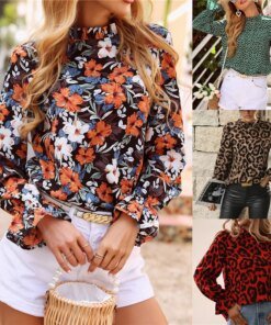 Women Floral/Leopard Blouse, Pleated Mock Neck Long Flare Sleeve Work Office Shirt Tops Elegant Ladies Clothing, S/M/L/XL