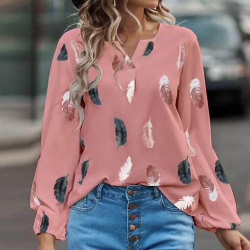 Buy Women Long Sleeve Tops Feather Print V-neck Blouses Loose Fit Streetwear for Women in Spring Autumn Seasons online shopping cheap