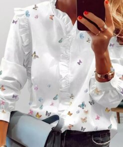 Women Long-sleeved Shirt Vintage-inspired Women’s Spring Shirt Floral Print Stand Collar Loose Fit for Effortless Style Comfort