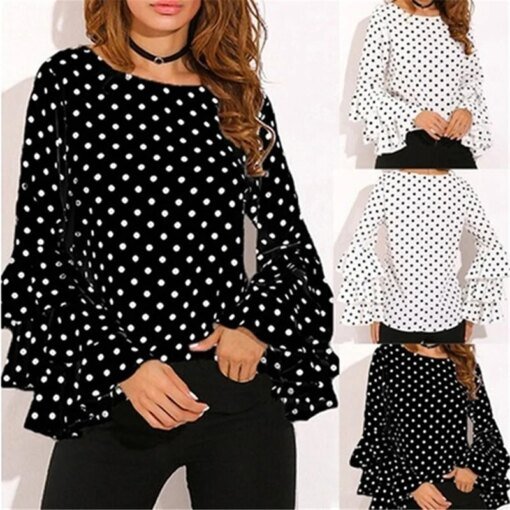 Buy Women Polka Dot Blusas Shirts Spring Autumn Basic Fashion O Neck Long Sleeve Blouse Femininas Casual Tops Shirt 2022 online shopping cheap