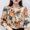 Buy Women Spring Summer Style Chiffon Blouses Shirts Lady Casual Half Sleeve Bow Tie Collar Printed Blouses Tops online shopping cheap