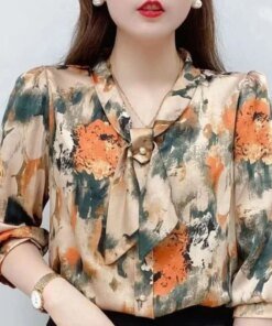 Women Spring Summer Style Chiffon Blouses Shirts Lady Casual Half Sleeve Bow Tie Collar Printed Blouses Tops