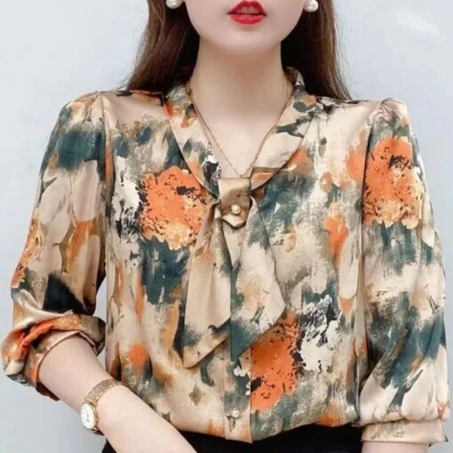 Buy Women Spring Summer Style Chiffon Blouses Shirts Lady Casual Half Sleeve Bow Tie Collar Printed Blouses Tops online shopping cheap