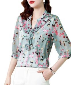 Women Spring Summer Style Silk Blouses Shirts Lady Casual Half Sleeve V-Neck Flower Printed Blusas Tops