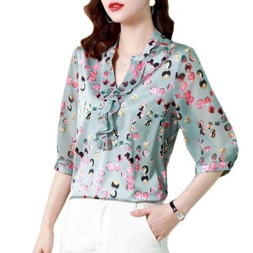 Buy Women Spring Summer Style Silk Blouses Shirts Lady Casual Half Sleeve V-Neck Flower Printed Blusas Tops online shopping cheap