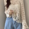 Women Summer Blouse Apricot Lace Blusa Temperament Solid Color Round Neck Cut Out Sunscreen Hook Flower Blouse Loose Top D2069