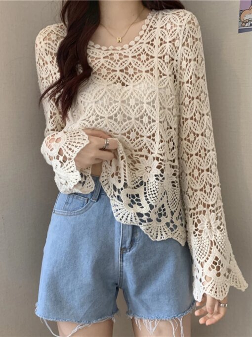 Buy Women Summer Blouse Apricot Lace Blusa Temperament Solid Color Round Neck Cut Out Sunscreen Hook Flower Blouse Loose Top D2069 online shopping cheap