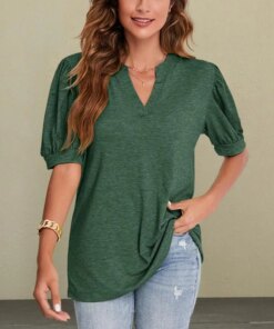 Women Summer Blouse Chic Women’s V-neck Bubble Sleeve T-shirt Soft Breathable Casual Summer Blouse for A Simple Stylish Look