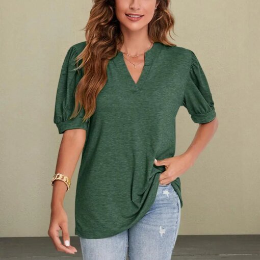 Buy Women Summer Blouse Chic Women's V-neck Bubble Sleeve T-shirt Soft Breathable Casual Summer Blouse for A Simple Stylish Look online shopping cheap