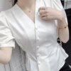 Buy Women Summer Shirts VONDA Elegant Sexy V Neck Blouse 2023 Fashion Short Sleeve Solid Casual Tops Puff Sleeve Blusas Femininas online shopping cheap