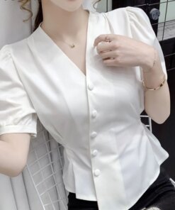 Women Summer Shirts VONDA Elegant Sexy V Neck Blouse 2023 Fashion Short Sleeve Solid Casual Tops Puff Sleeve Blusas Femininas