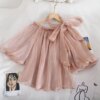 Buy Women Summer Slash Neck Lantern Sleeve Ruffles Bow Shirt Lady Short Slim Bandage Strap Mesh Gauze Off Shoulder Chic Blouse Tops online shopping cheap