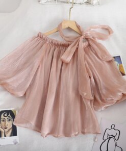 Women Summer Slash Neck Lantern Sleeve Ruffles Bow Shirt Lady Short Slim Bandage Strap Mesh Gauze Off Shoulder Chic Blouse Tops