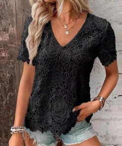 Women Sweet White Lace Shirt New Summer Fashion Hollow Out Short Sleeve Blouse V-neck Tops Casual Loose Clothes Blusas 28318
