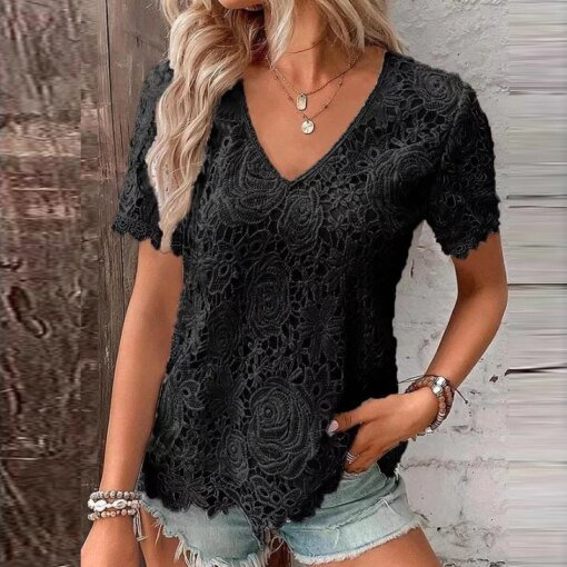 Buy Women Sweet White Lace Shirt New Summer Fashion Hollow Out Short Sleeve Blouse V-neck Tops Casual Loose Clothes Blusas 28318 online shopping cheap