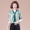 Buy Women T-Shirts Summer Stripe Printed Ribbon Pullover Short Sleeve Tops V-Neck Casual Loose Middle Aged Mother Clothes online shopping cheap