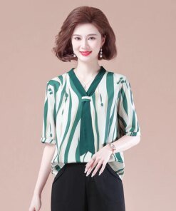 Women T-Shirts Summer Stripe Printed Ribbon Pullover Short Sleeve Tops V-Neck Casual Loose Middle Aged Mother Clothes