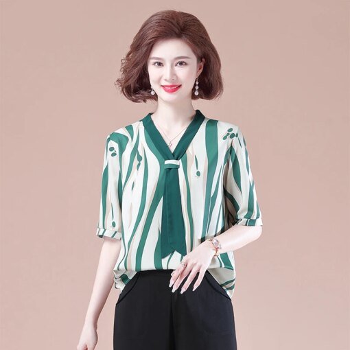Buy Women T-Shirts Summer Stripe Printed Ribbon Pullover Short Sleeve Tops V-Neck Casual Loose Middle Aged Mother Clothes online shopping cheap