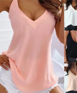 Buy Women Tank Tops Camisoles Summer Sexy V-Neck Sleeveless Blouse Shirt Elegant Solid Loose Hollow Out Tops Lady Off Shoulder Blusa online shopping cheap