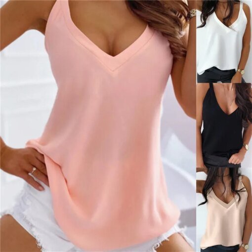 Buy Women Tank Tops Camisoles Summer Sexy V-Neck Sleeveless Blouse Shirt Elegant Solid Loose Hollow Out Tops Lady Off Shoulder Blusa online shopping cheap