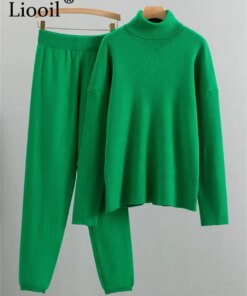 Women Turtleneck Two Piece Knit Sweater Set Female Jumpers Long Sleeve Knitting Pull Tops And Pants Autumn Winter Sweaters Sets