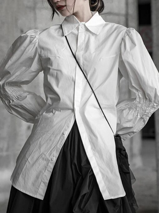 Buy Women White Irregular Long Blouse New Lapel Lantren Sleeve Loose Fit Shirt Fashion Tide Spring Autumn 2022 1DD6214 online shopping cheap