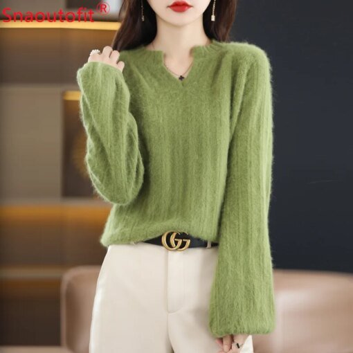Buy Women's 100% Mink Cashmere Sweater Thick Super Warm Knit Pullover Autumn and Winter Fashion Puffy Sleeve Small V-Neck Ladies Top online shopping cheap