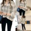 Buy Womens Casual Plaid Button Down Long Sleeve Shirt Turn-down Collar Spring Shirts Plaid All-match Tops online shopping cheap